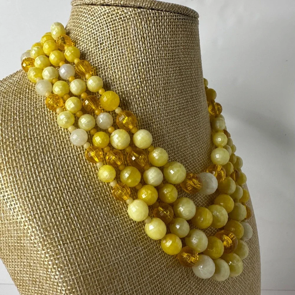 Vintage Yellow Beaded‎ Four Strand Statement Necklace Plastic Layered Sunny Mod
